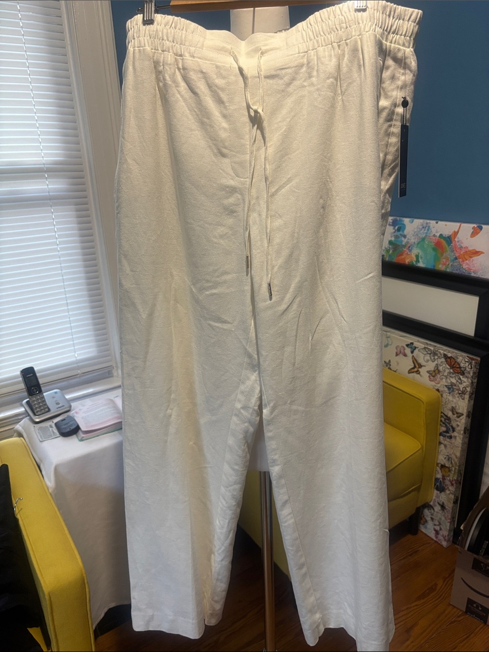 Women's white Cream linen Drawstring Wide-Leg Pants